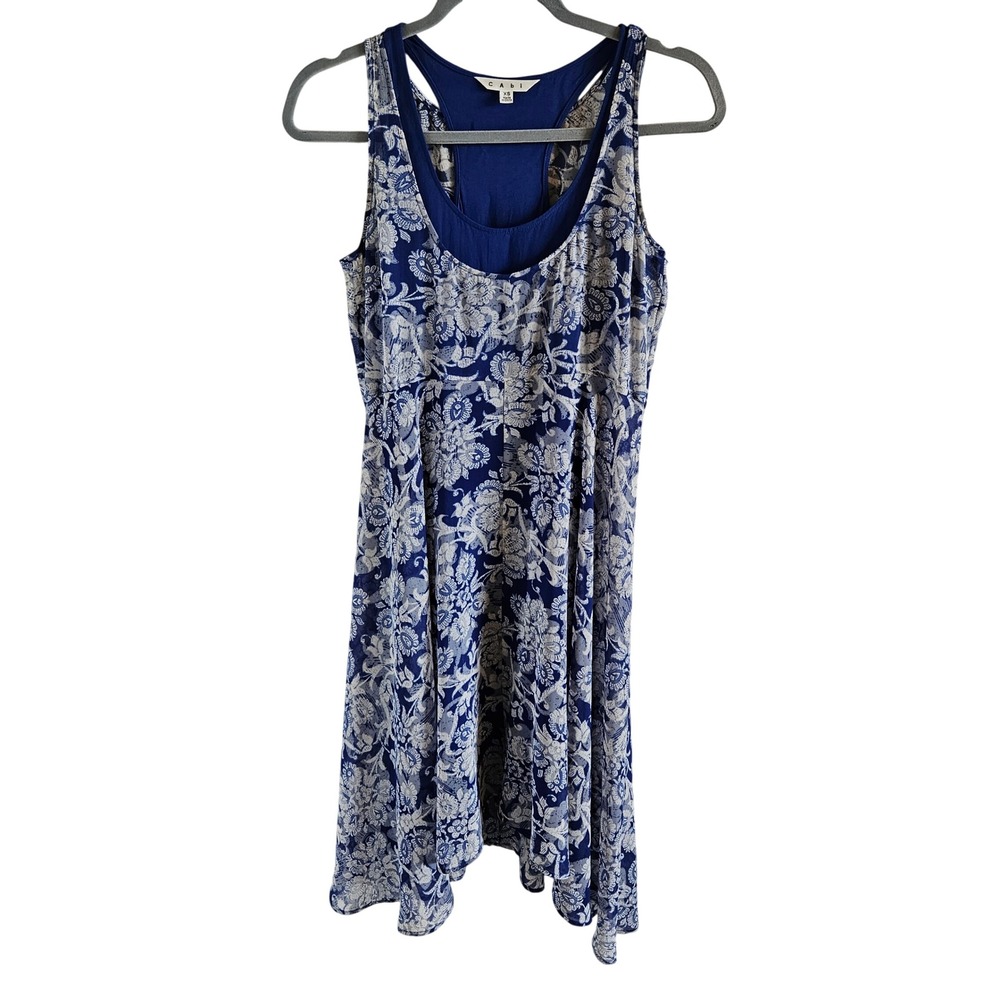 Cabi Womens Blue White Floral Paisley Sleeveless Handkerchief Hem Dress 851 XS